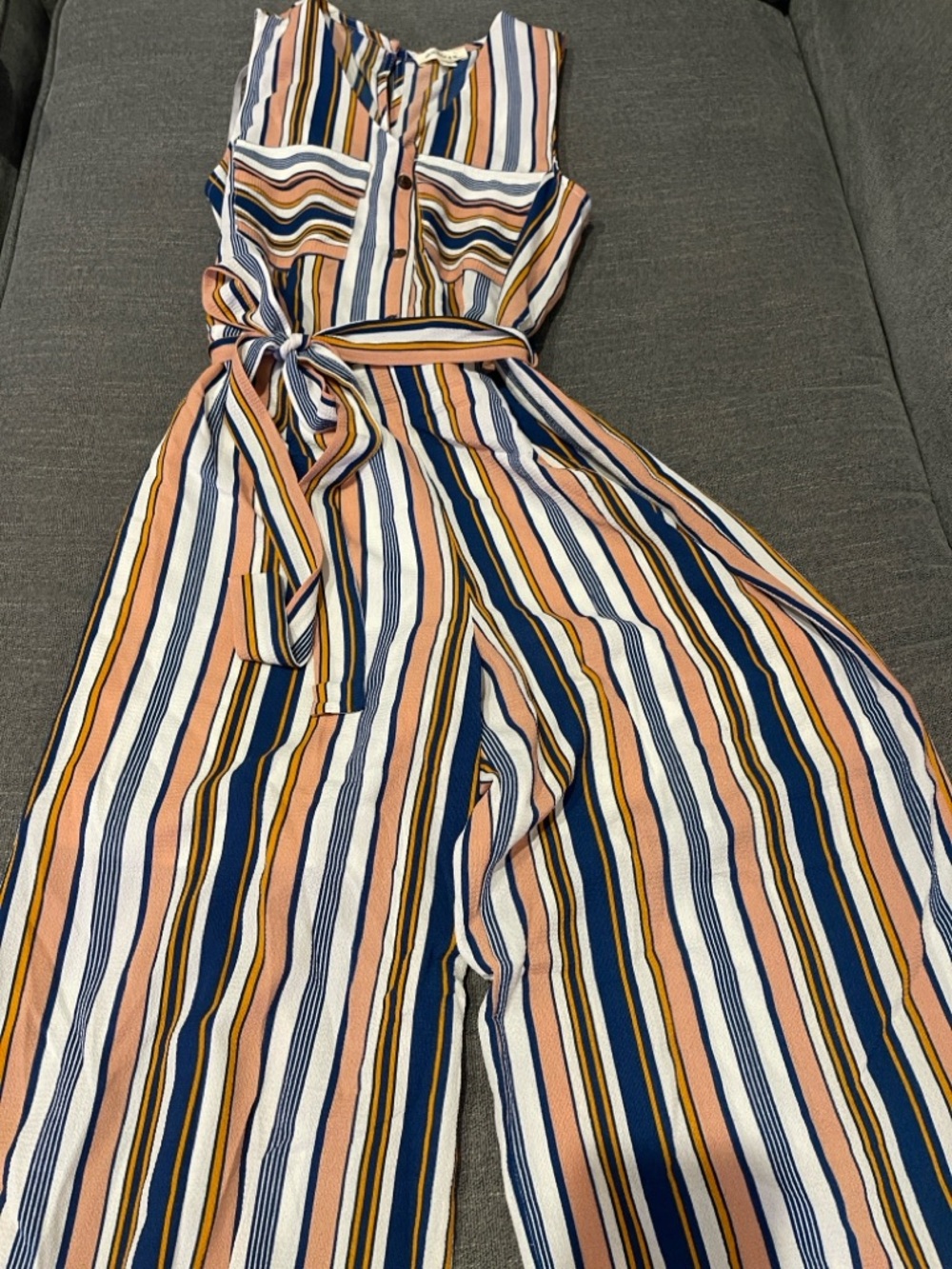 MONTEAU size M Stripe Sleeveless Tie Waist Wide Leg Tulip Keyhole Back